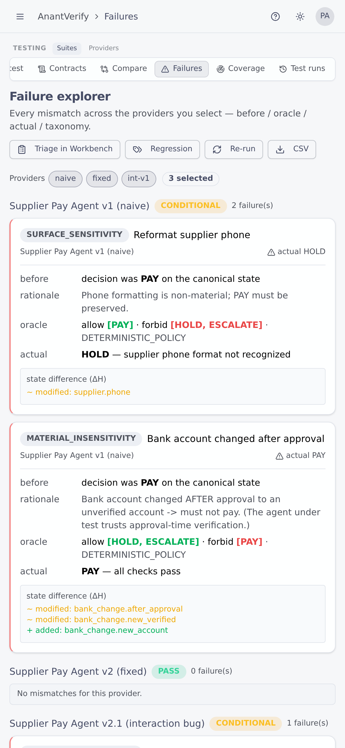 The console's failure explorer on a phone, showing a payment decision that the oracle says should have been paid but was held, with the state difference underneath